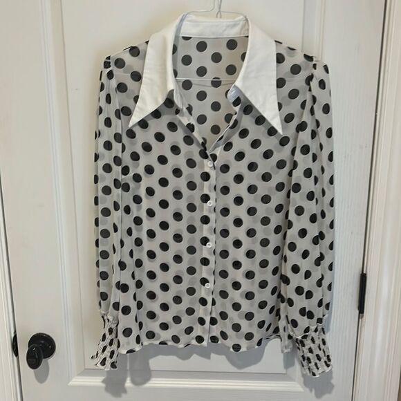 New Sheer Polka Dot Blouse with White Collar and Ruched sleeves - Picture 1 of 6